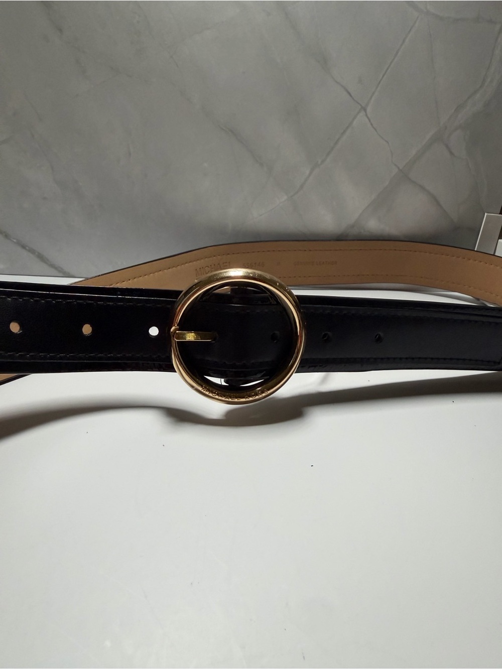 Michael Kors black leather belt polished gold tone circular buckle